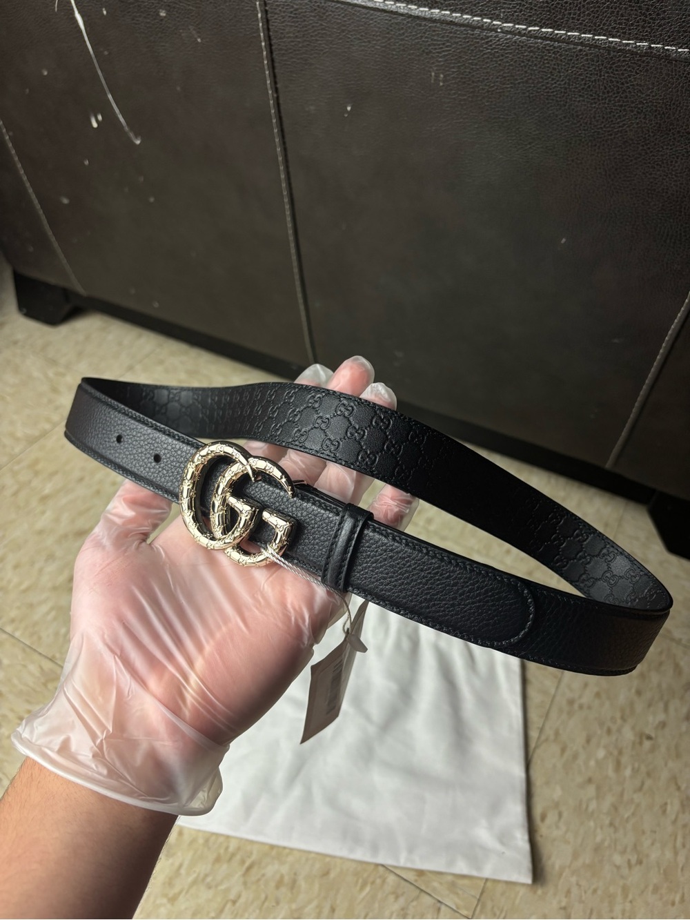 Gucci Black Leather Belt with Gold Double G Buckle